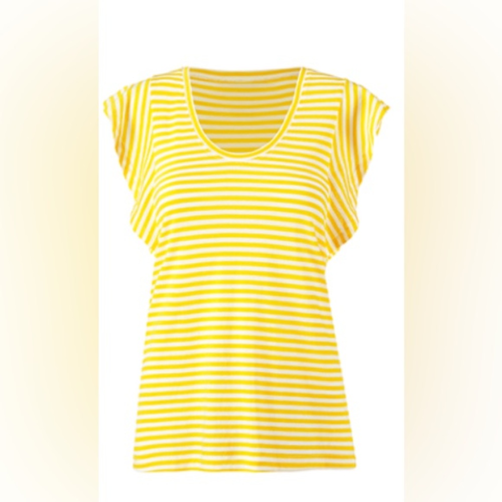 #5748 Cabi Daisy Tee, A Yellow And White Striped Flutter Short-Sleeve. Size S